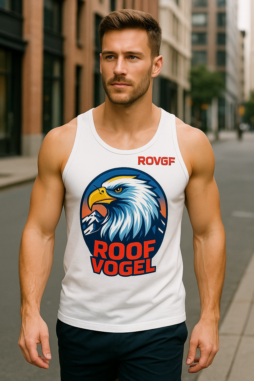 Man wearing a white tank top with an eagle logo and text on a city street.