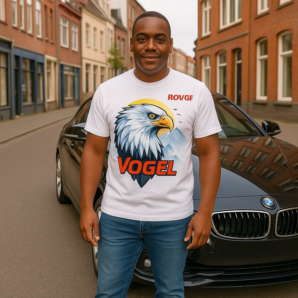 Man wearing a white t-shirt with an eagle design and text, standing in front of a car on a street.