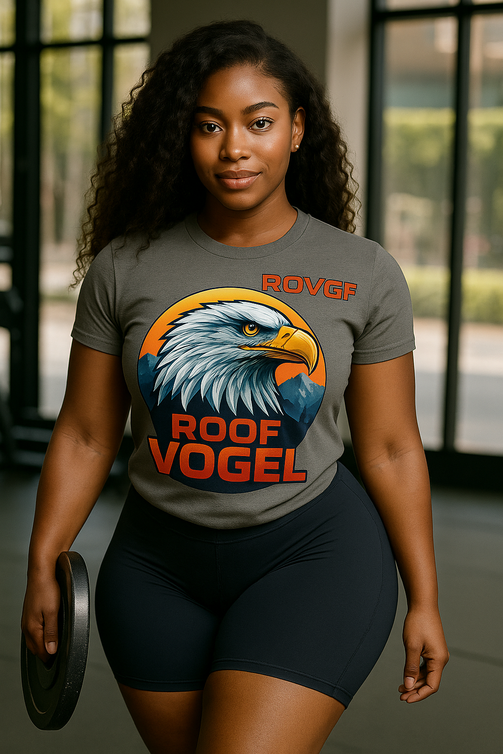 Woman wearing a t-shirt with an eagle design and text, holding a weight plate indoors.