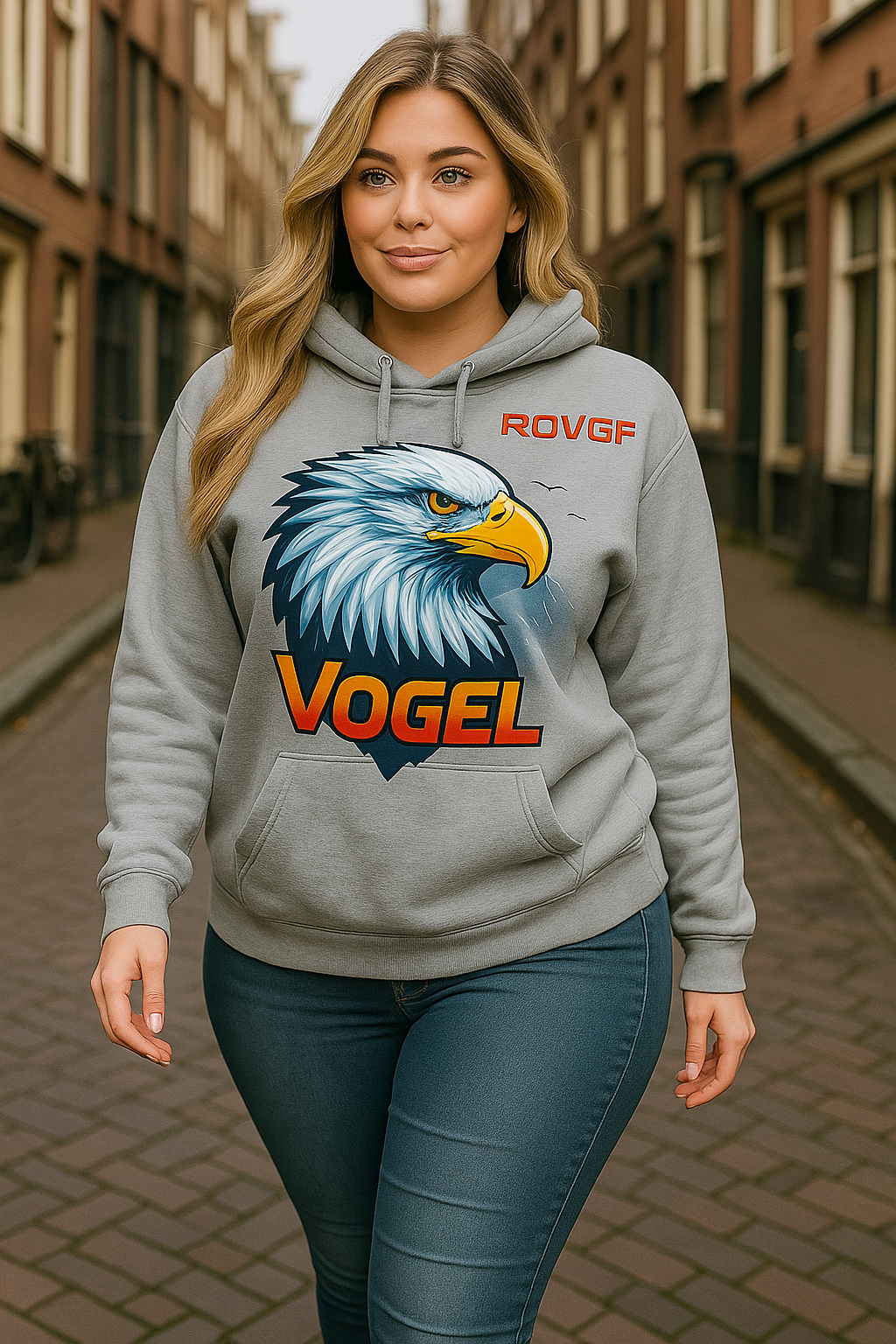 Woman wearing a hoodie with an eagle design and 'VOGEL' branding on a street.