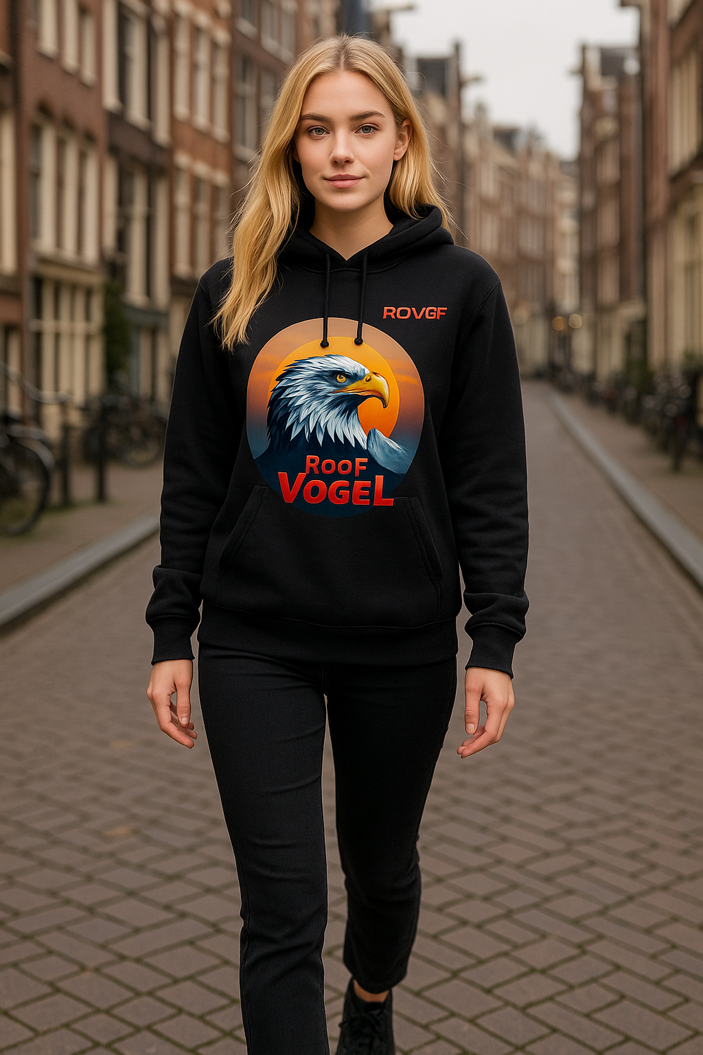 Woman wearing a black hoodie with an eagle design and text, standing on a street.