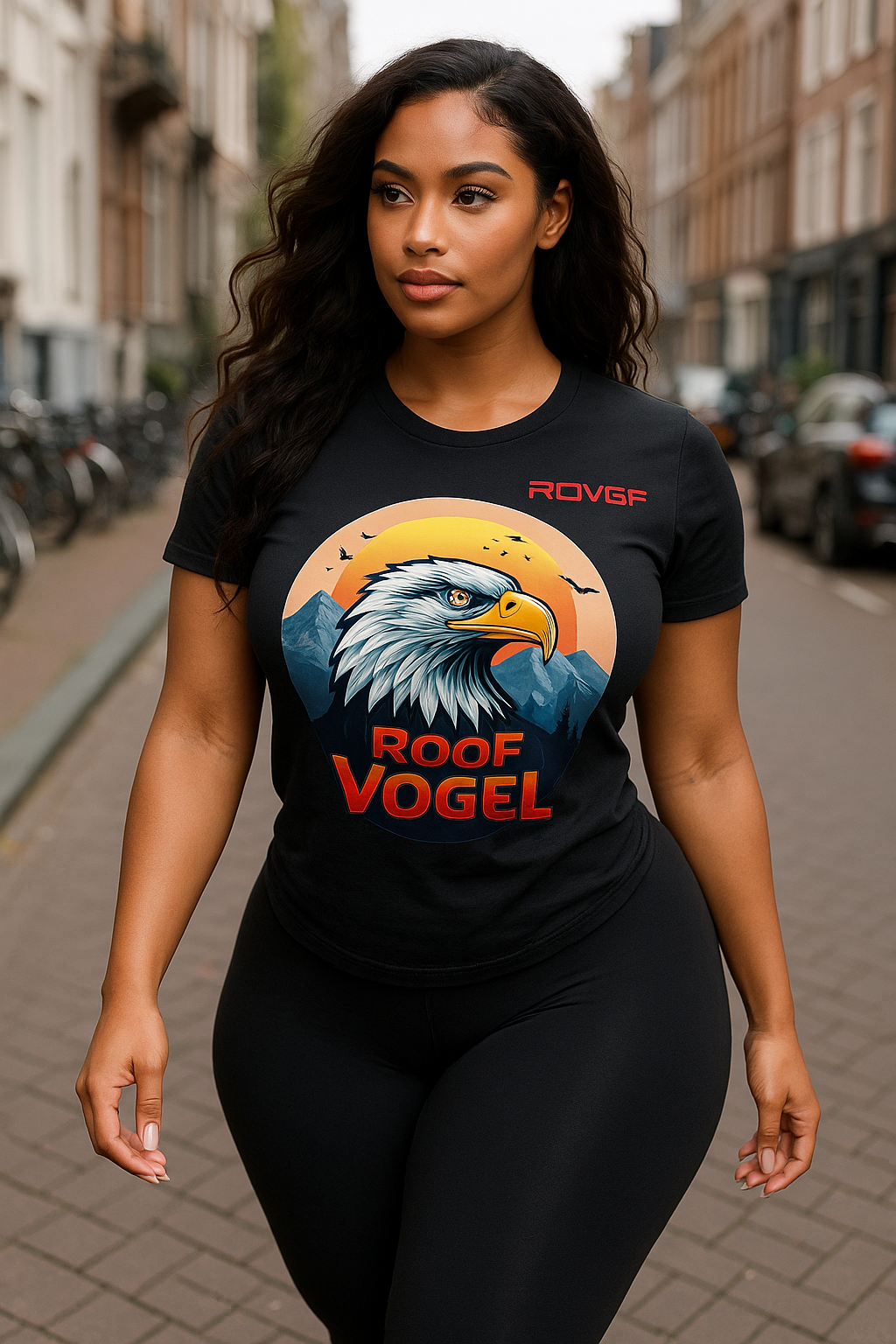 Woman wearing a black t-shirt with an eagle graphic and 'Roof Vogel' text on a city street.