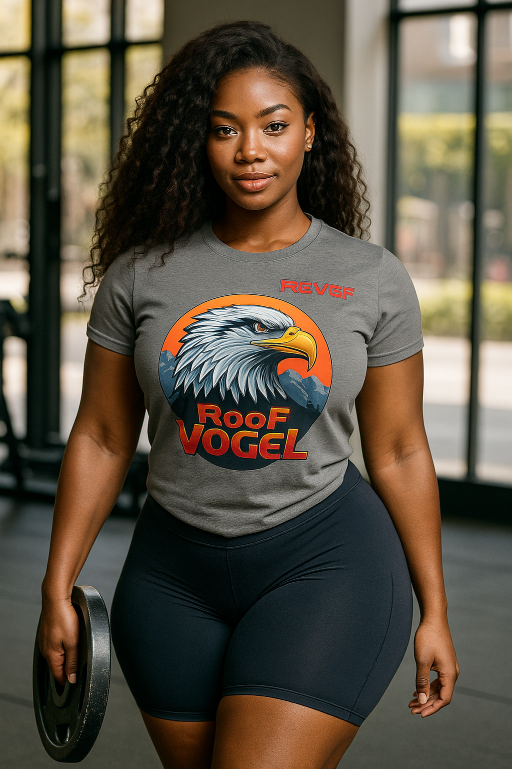 Woman wearing a gray t-shirt with an eagle graphic and text, holding a weight plate.