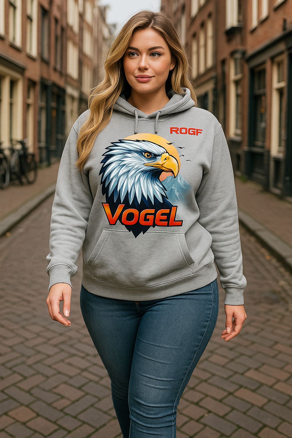Woman wearing a hoodie with an eagle design and 'VOGEL' branding on a street.
