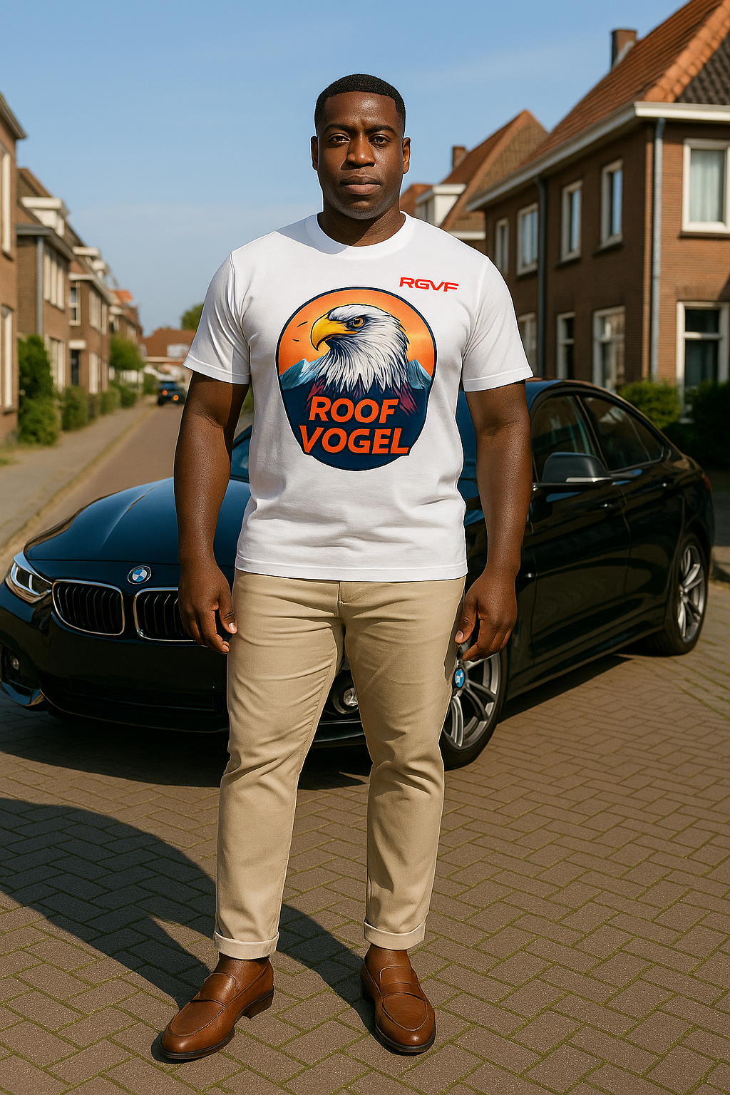 Man wearing a white t-shirt with a graphic design standing in front of a car on a residential street.